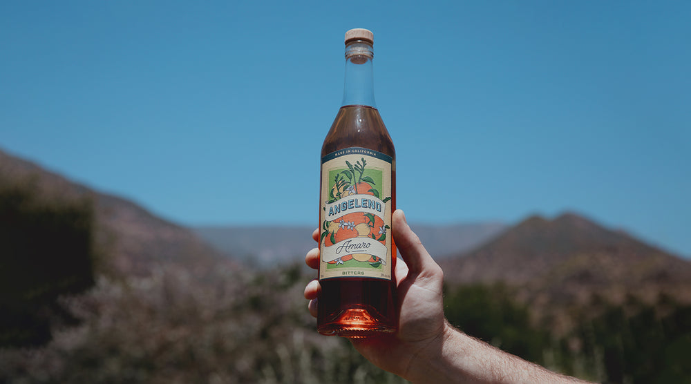 Hand holding up an Angeleno Amaro bottle against California hillside